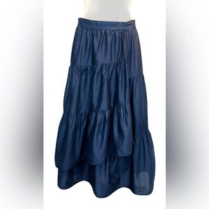 Merlette Tiered Wrap Skirt Size 6 Navy Cotton Poplin Midi Boho